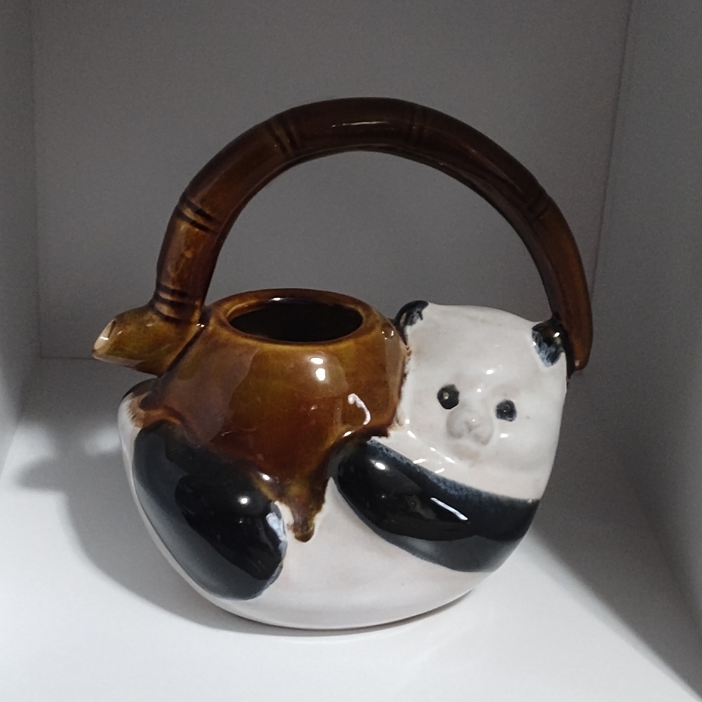 Vintage Chinese Bisquick Powdery Panda Eating Bamboo Shaped Teapot